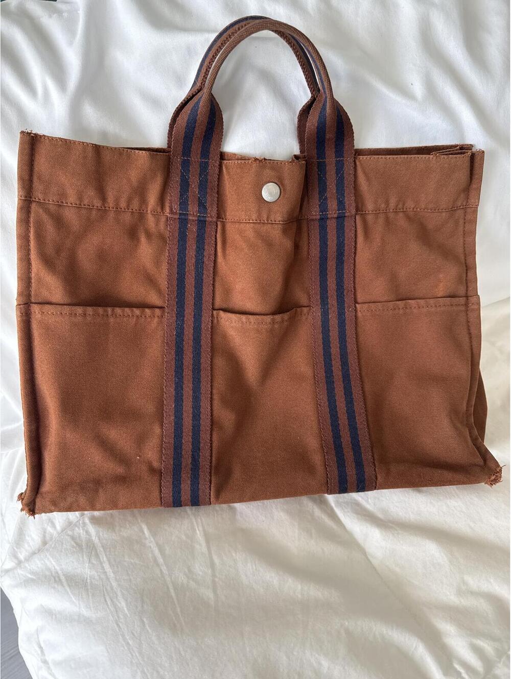 Hermes Brown Canvas Tote Bag with Navy Striped Handles